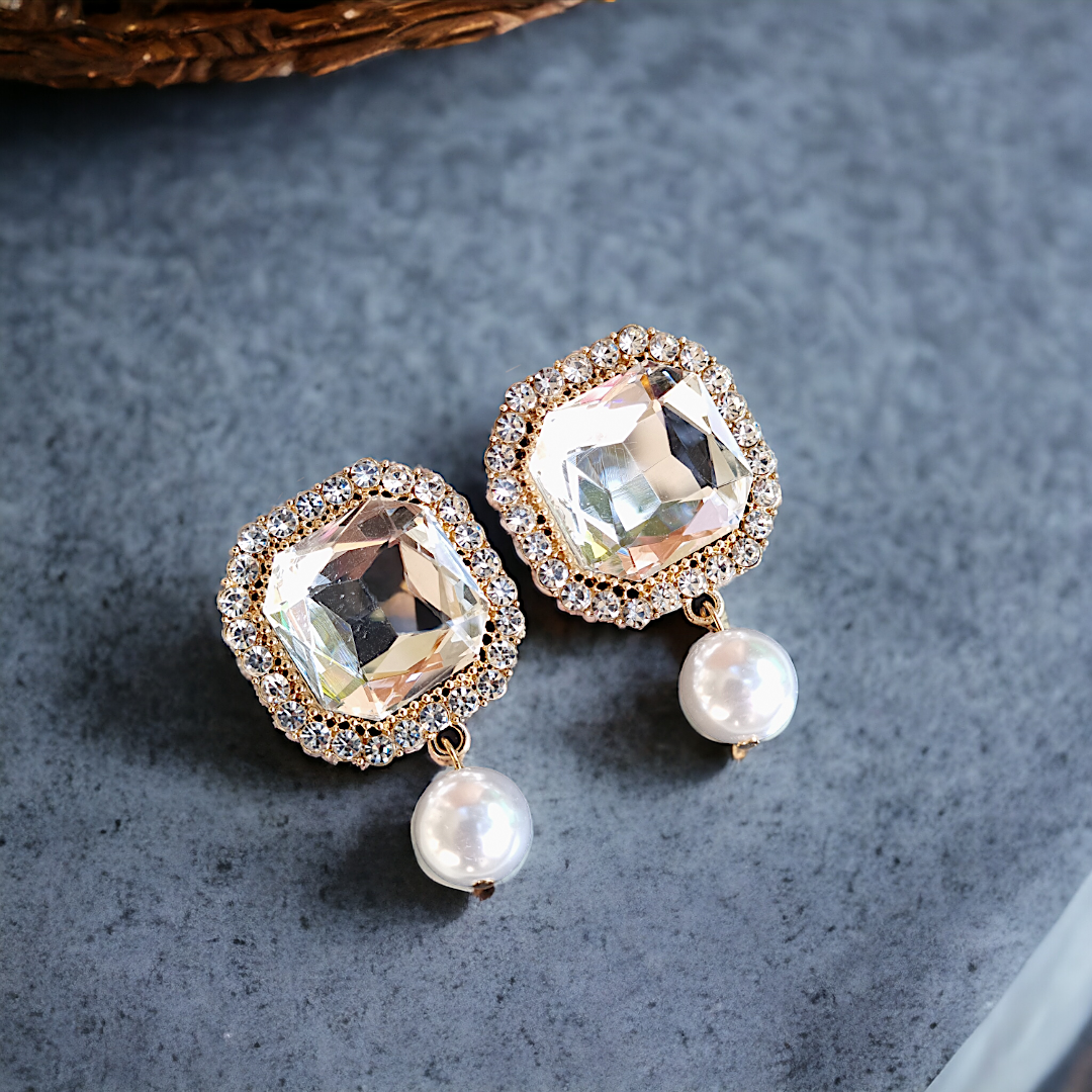 Premium Crystal Mega Pearl Rhombus Cut Earrings Zircon