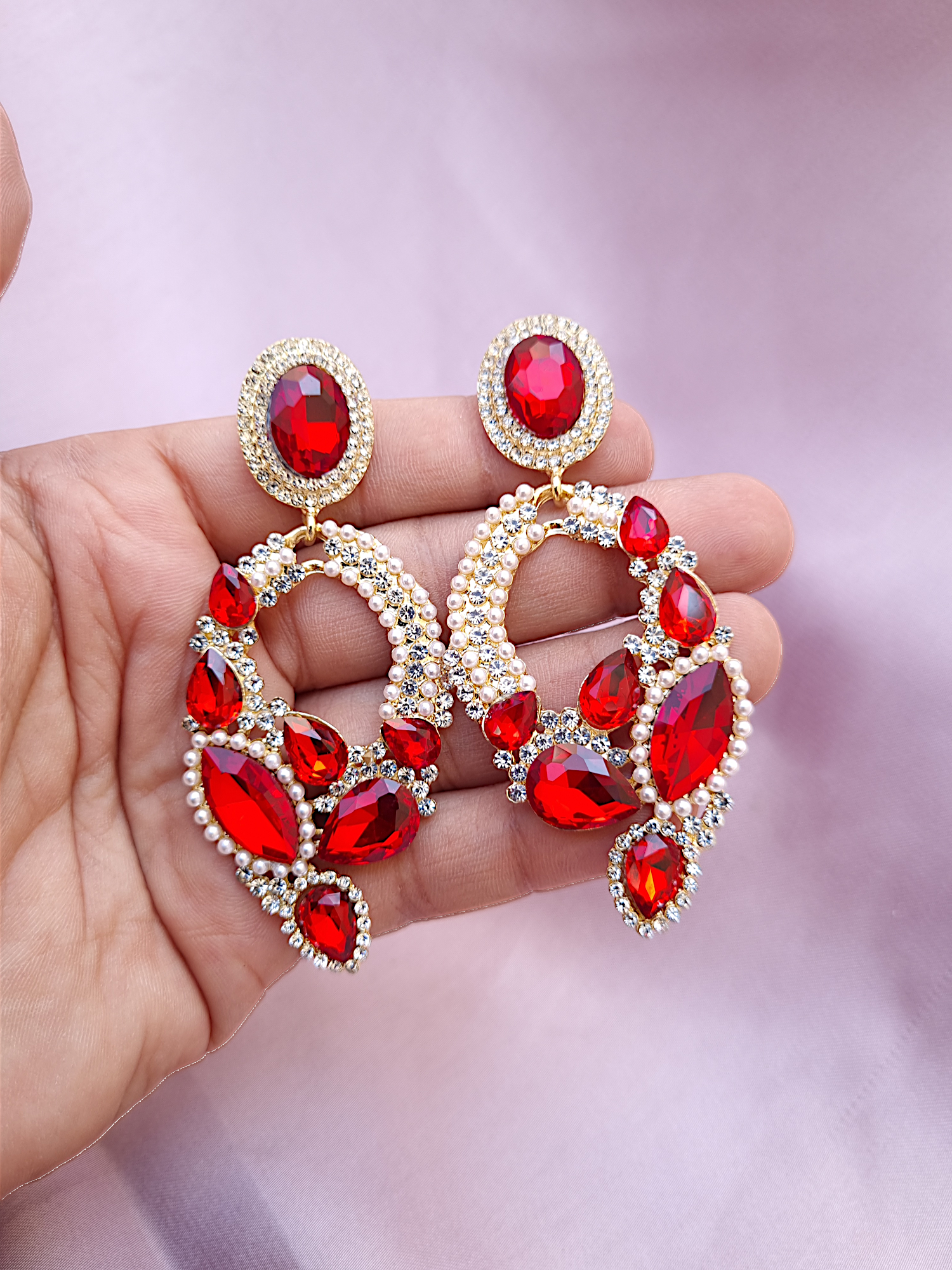 Premium Ruby Red Pearl Embedded Earrings