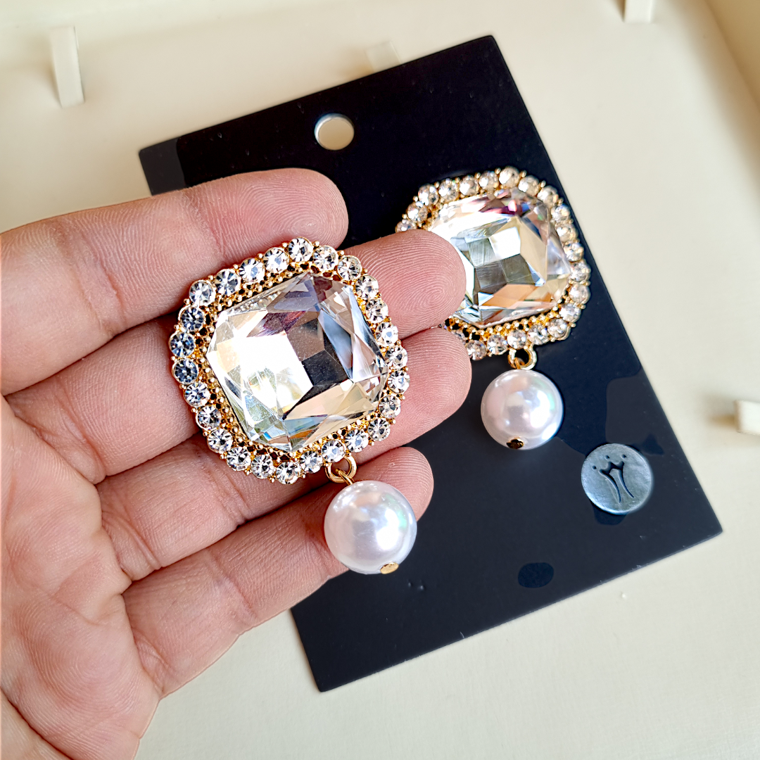 Premium Crystal Mega Pearl Rhombus Cut Earrings Zircon