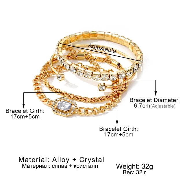 4 piece crystal bracelets set golden