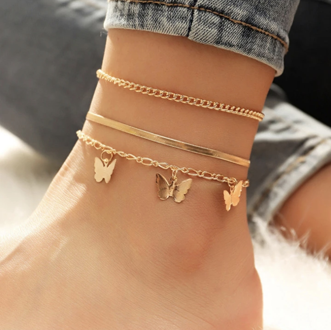 3 pieces anklet/bracelet set butterfly