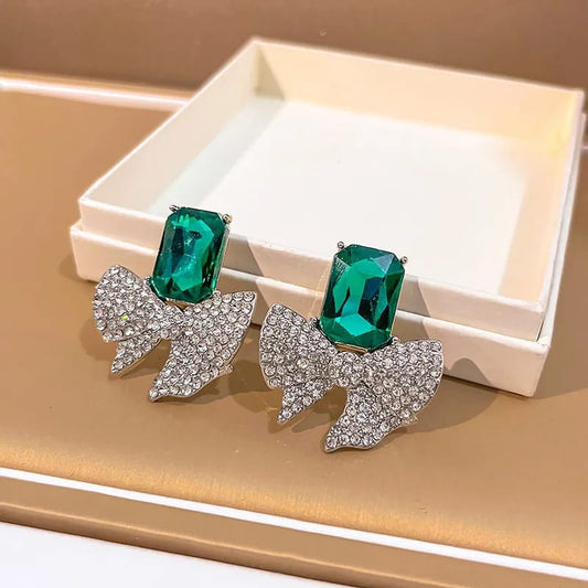 Silver Emerald Green Studded Knot Earrings