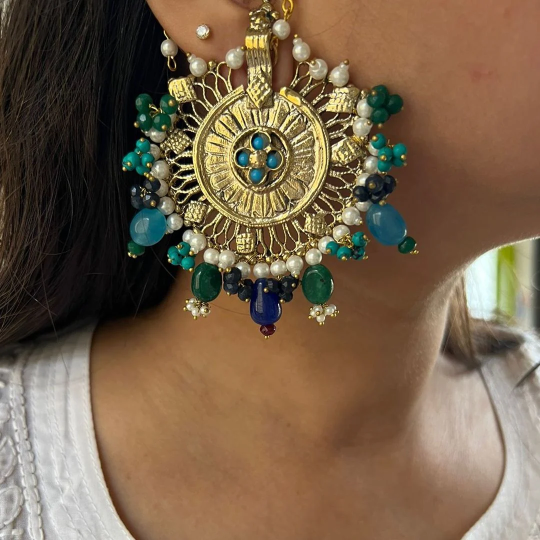Antique Blue Pearl Afghani Earrings with pearl sahara