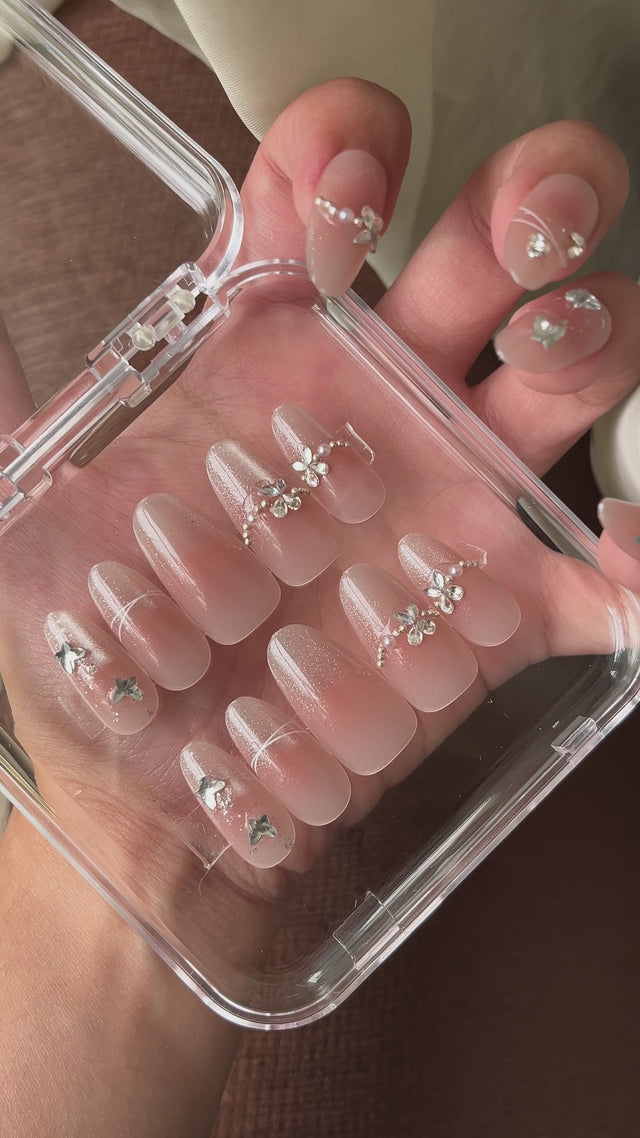N1426 Rose Gold Crystal 3D Almond Press-On Nails (24 Nails) with free nail kit