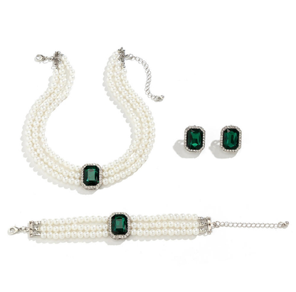 Green emerald Pearl choker earrings and bracelet set