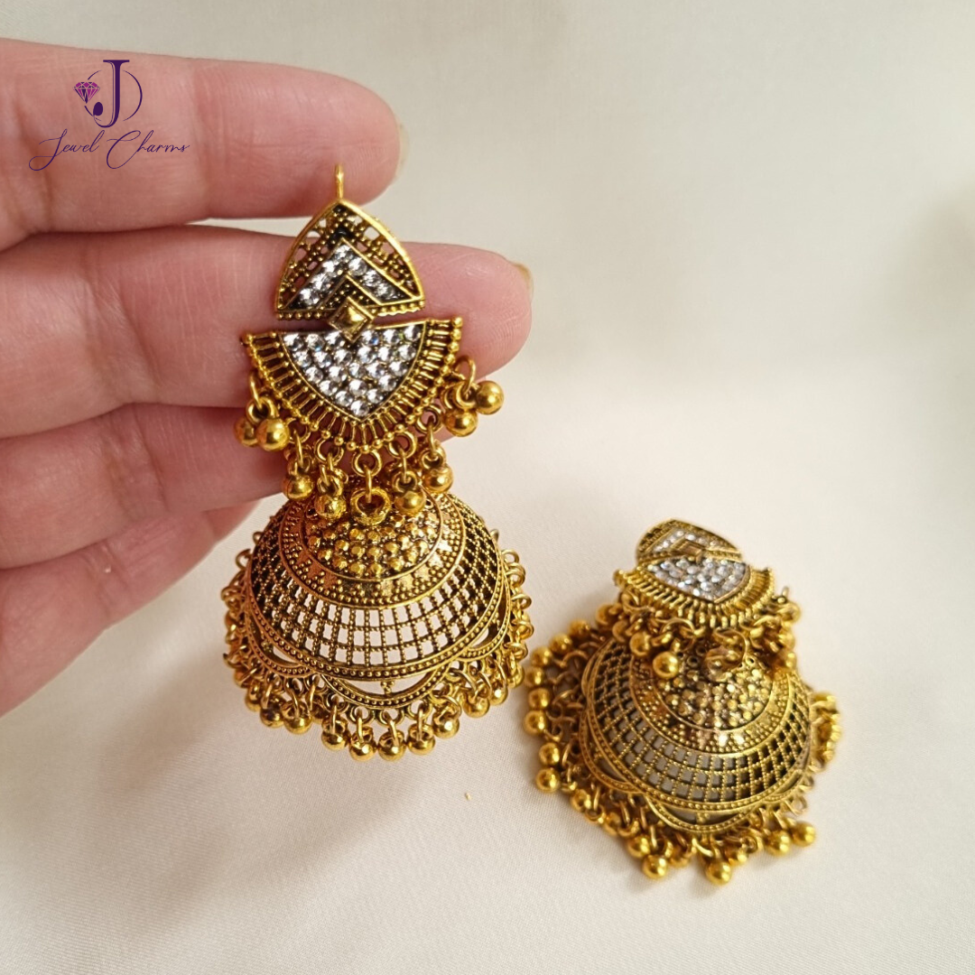 Golden Inverted Triangle Golden Jhumka with gems