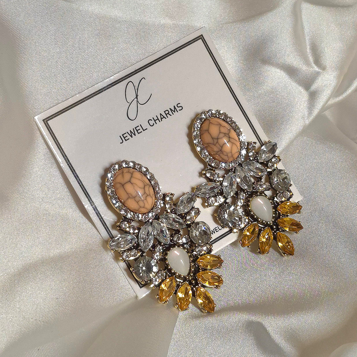 Peach Big stone Crystal champagne Flower Drop Rhinestone Earrings JCEC 45