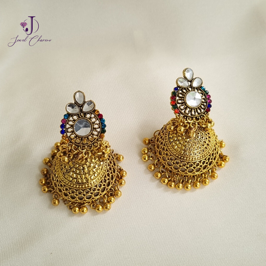 Multi gemstone golden sheesha tri leaf jhumka