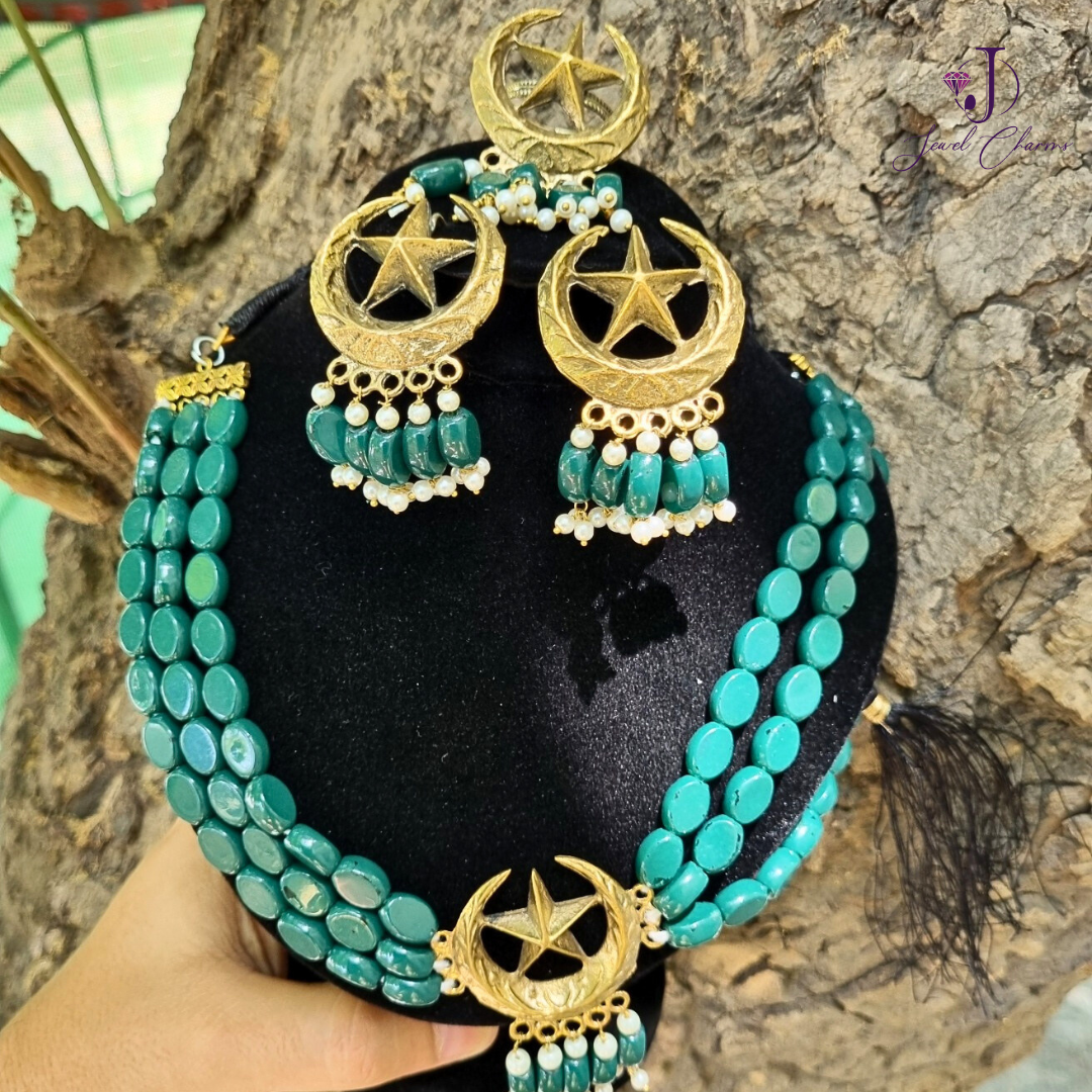 Antique Teal Chand Sitara Set with Ring