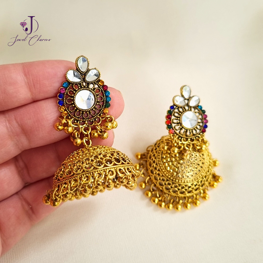 Multi gemstone golden sheesha tri leaf jhumka