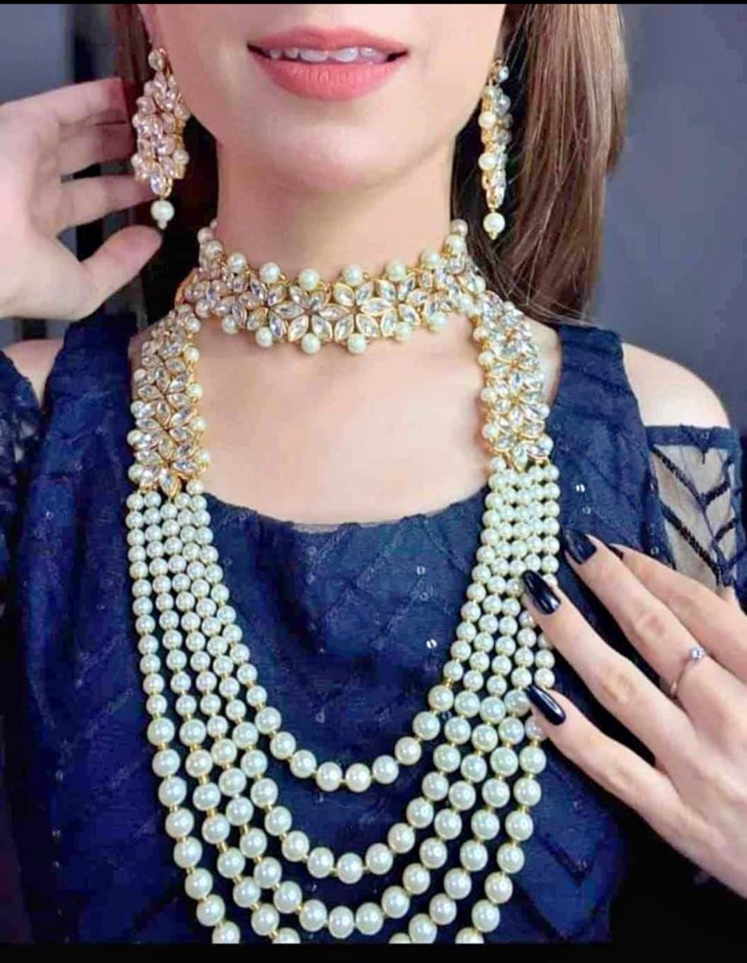 Long Pearl Crystal Maala Bindia Choker Earrings Mega Set