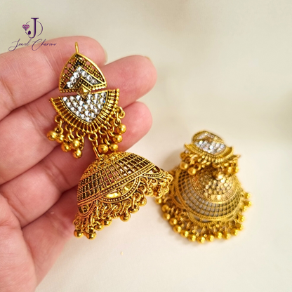 Golden Inverted Triangle Golden Jhumka with gems