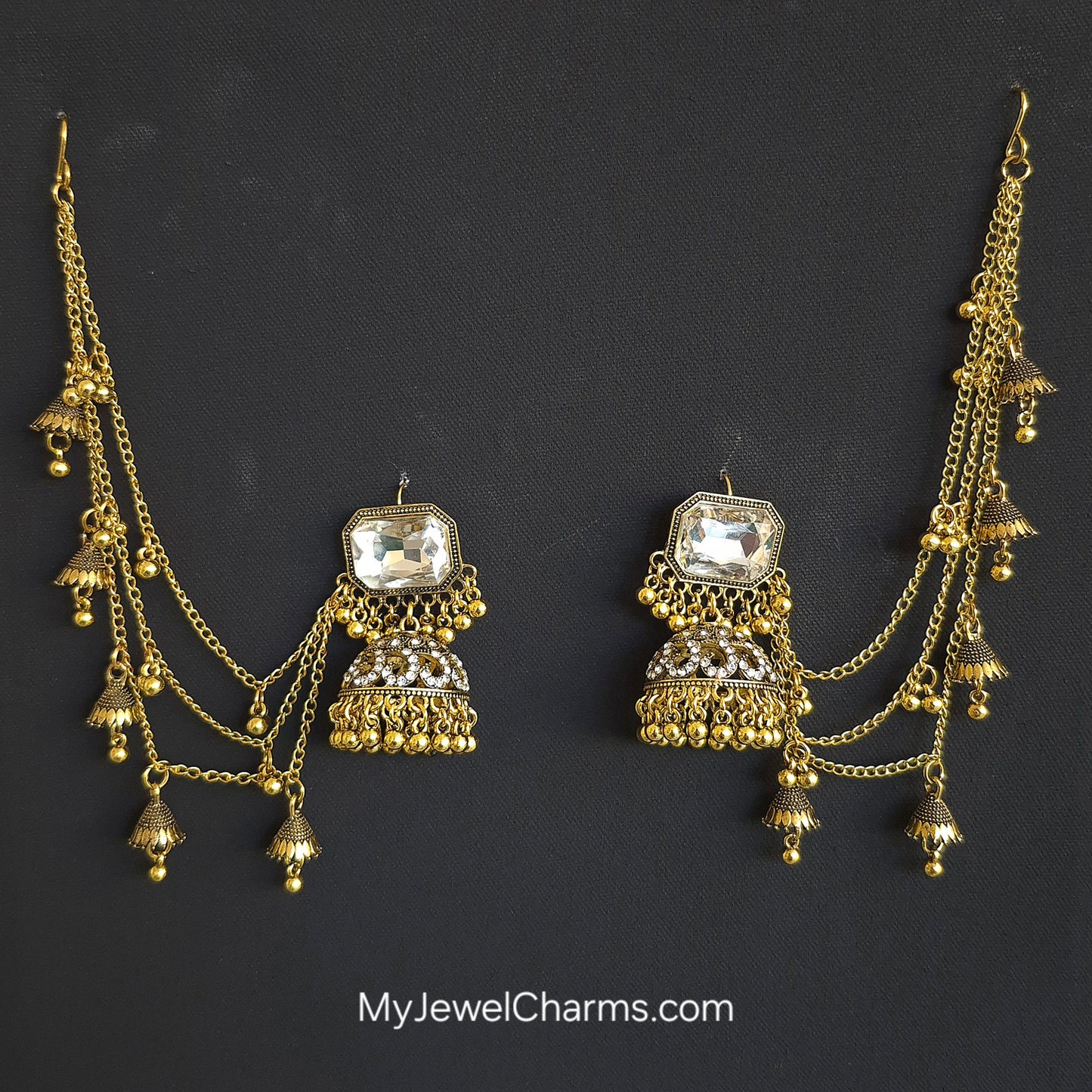 Golden square Crystal stone triple sahara jhumkay