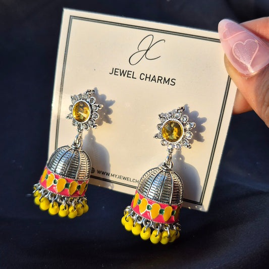 Silver yellow hand painted jhumki