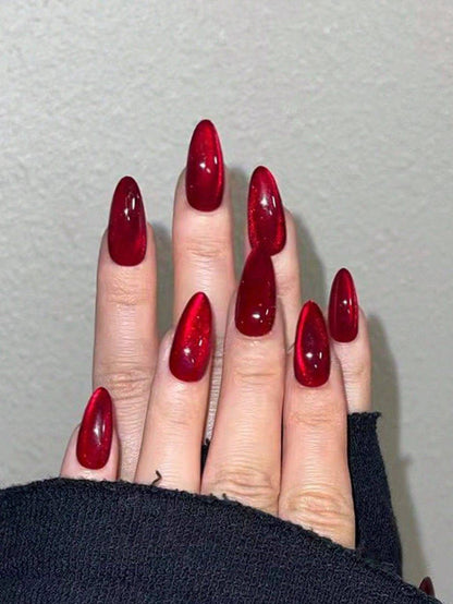 JC104 Red Almond Cat-Eye Medium Length – 24 Nails Pack with Free Nail Kit