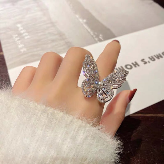 Crystal Silver Butterfly Ring Adjustable