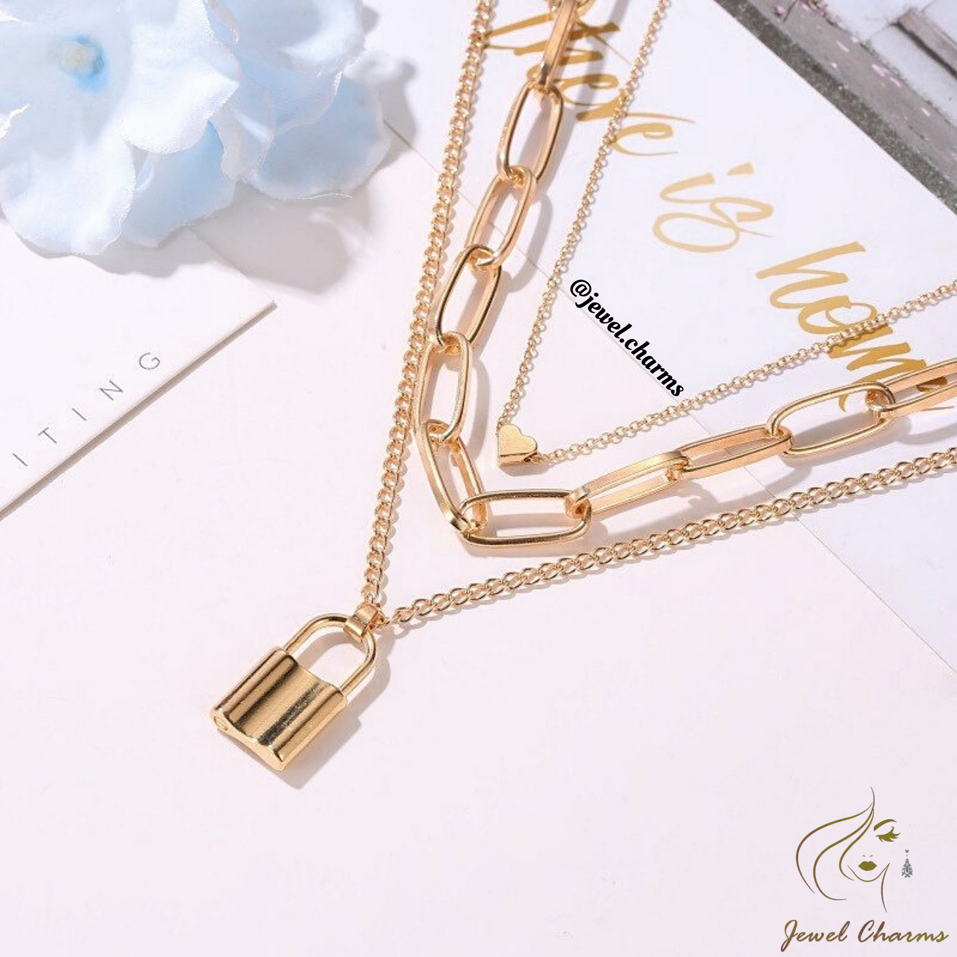 JC61 - Lock Chain & Heart Tri Layered Necklace - Jewel Charms
