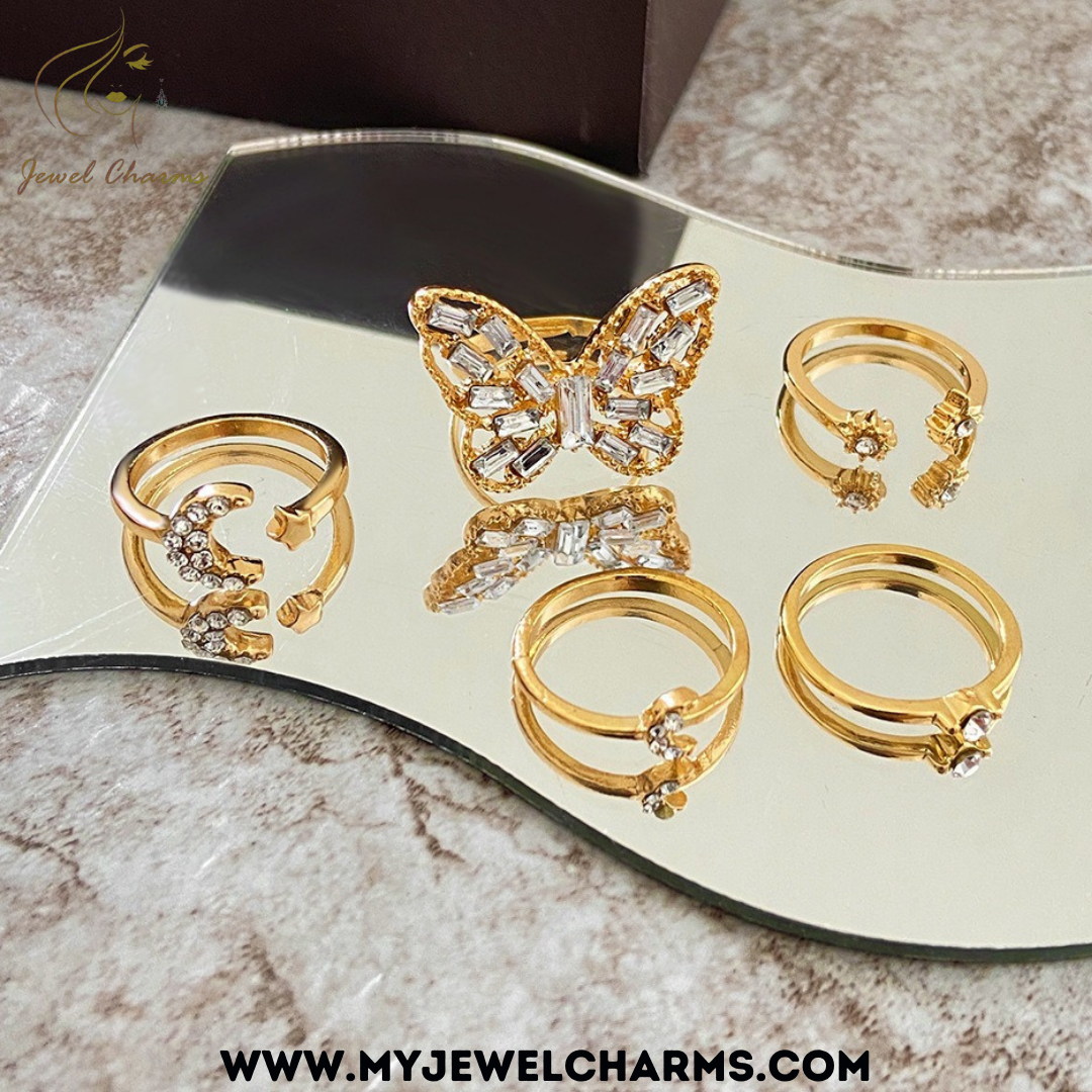 5 Piece Mega Zircon Butterfly Rings Set FREE SIZE - Jewel Charms