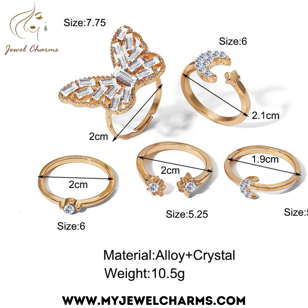 5 Piece Mega Zircon Butterfly Rings Set FREE SIZE - Jewel Charms