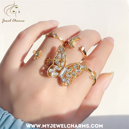 5 Piece Mega Zircon Butterfly Rings Set FREE SIZE - Jewel Charms