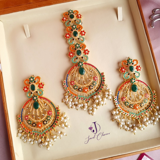 Fine Quality Bindia Earrings Nauratan Set green stones