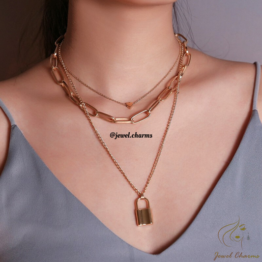 JC61 - Lock Chain & Heart Tri Layered Necklace - Jewel Charms