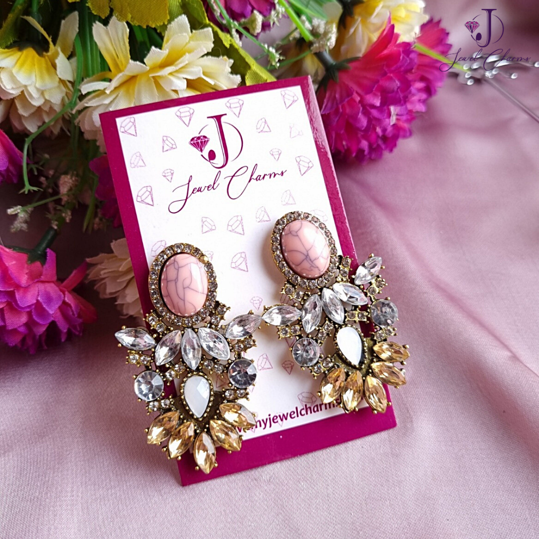 Pink Big Crystal Flower Drop Rhinestone Earrings