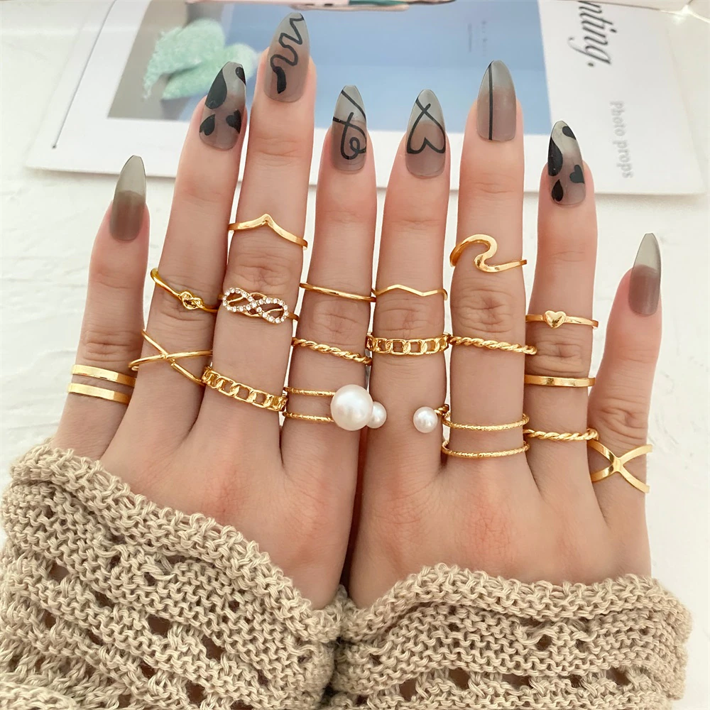 JC238 - 19 Piece Pearl Shein Bohemian Rings for Both Hands FREE SIZE