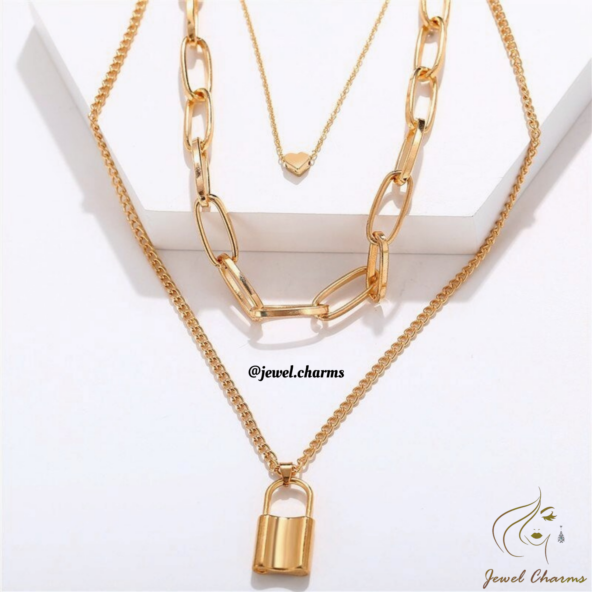 JC61 - Lock Chain & Heart Tri Layered Necklace - Jewel Charms