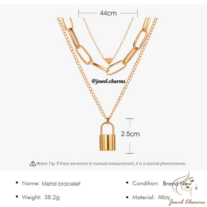 JC61 - Lock Chain & Heart Tri Layered Necklace - Jewel Charms