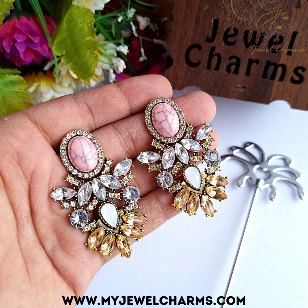 Pink Big Crystal Flower Drop Rhinestone Earrings