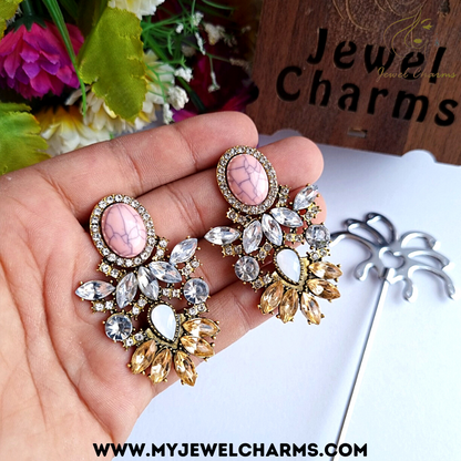 Pink Big Crystal Flower Drop Rhinestone Earrings