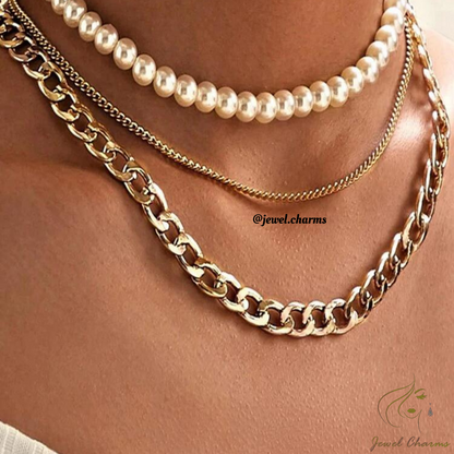 JC99 - Tri Layered Pearl Chain Necklace - Jewel Charms