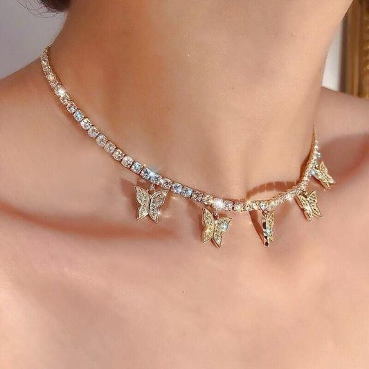 Rhinestone Diamonde Butterfly Choker Golden