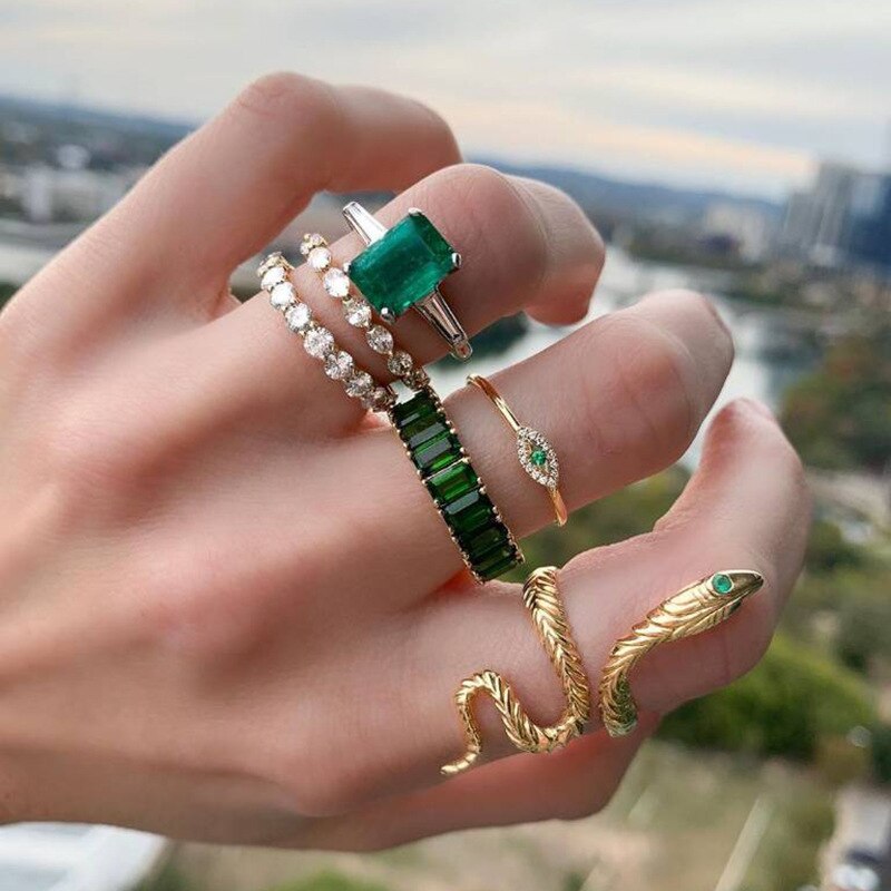 6 pieces Emerald Crystal Zircon Snake Rings for Women Evil Eye Gold Color Metal Rings Set Punk