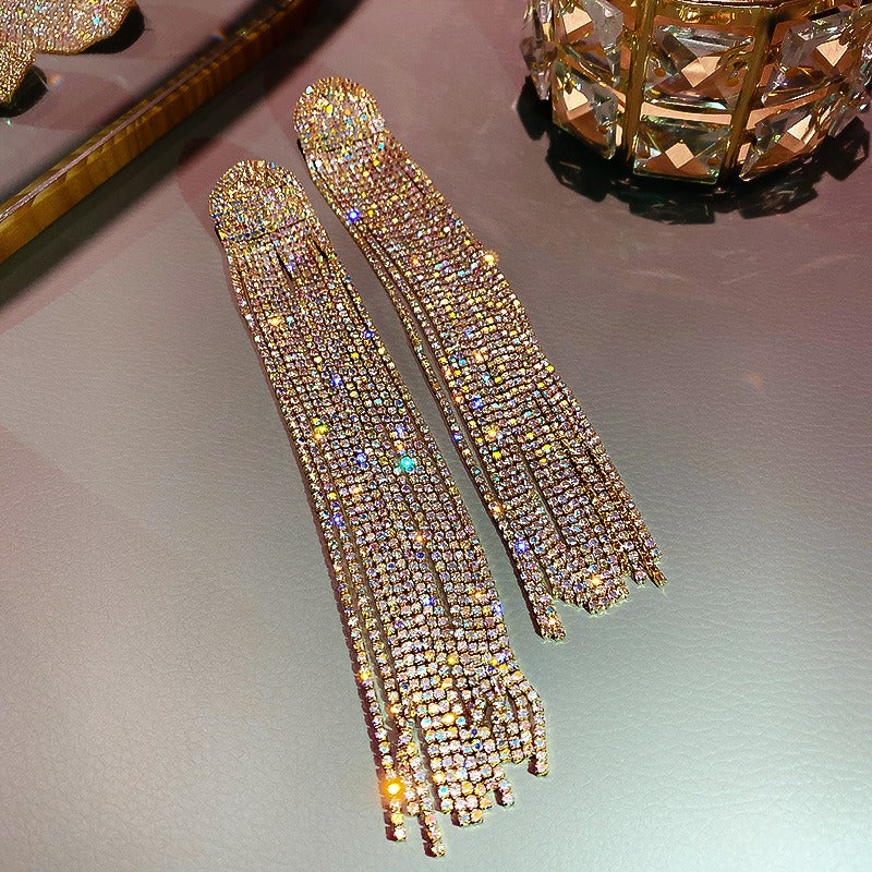 Golden Round Long Fringe Rhinestone Dangles JCEC 40