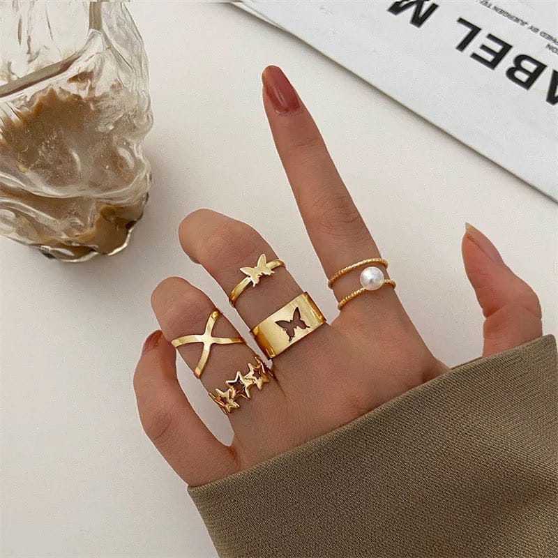 JC103 - Vintage Crystal Butterfly Boho Rings 5 pieces