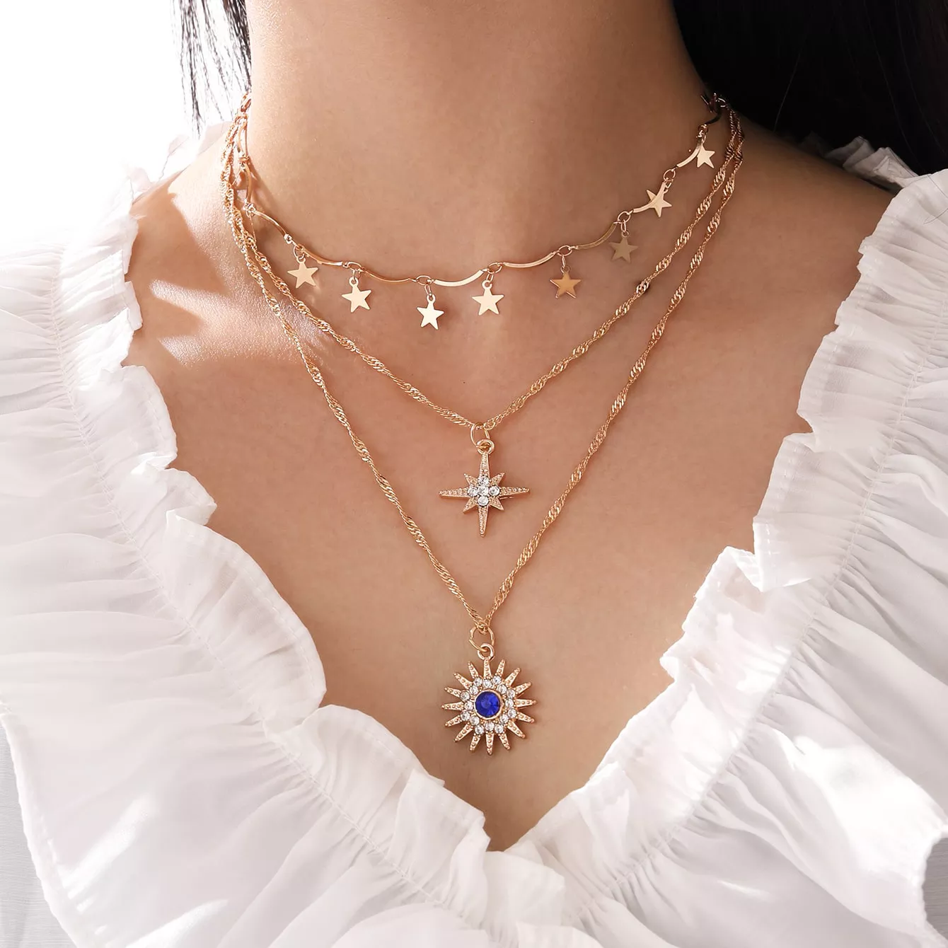 Evil Eye North Star Gold Plated Tetra Layered Necklace Set