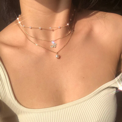 3 layered New Delicate Butterfly Pearl Tri Necklace