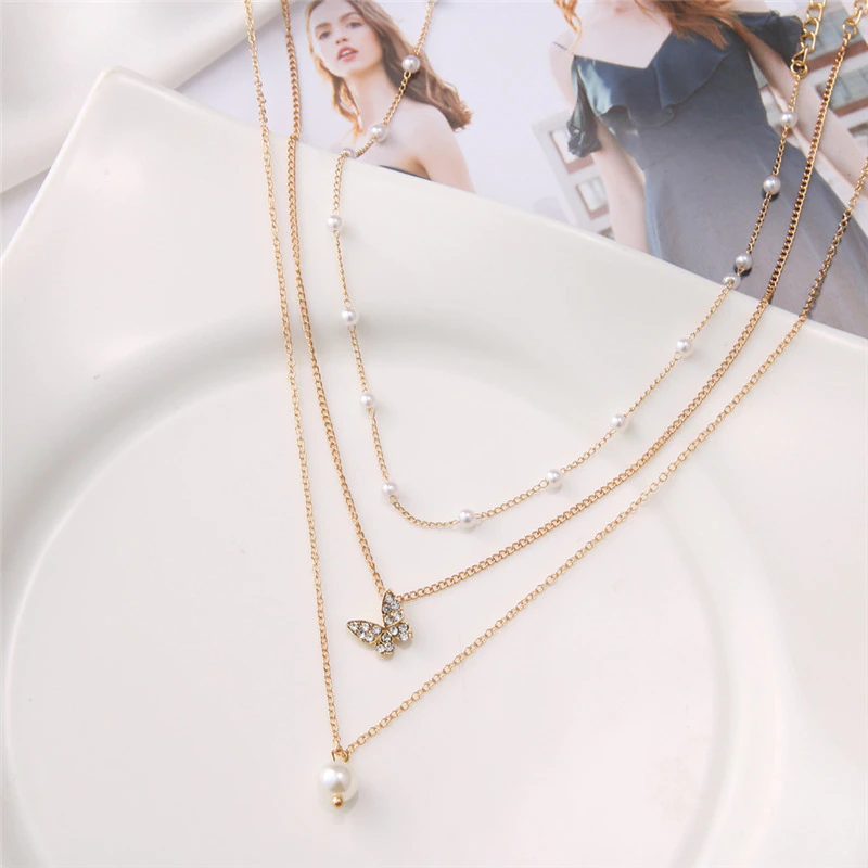 3 layered New Delicate Butterfly Pearl Tri Necklace